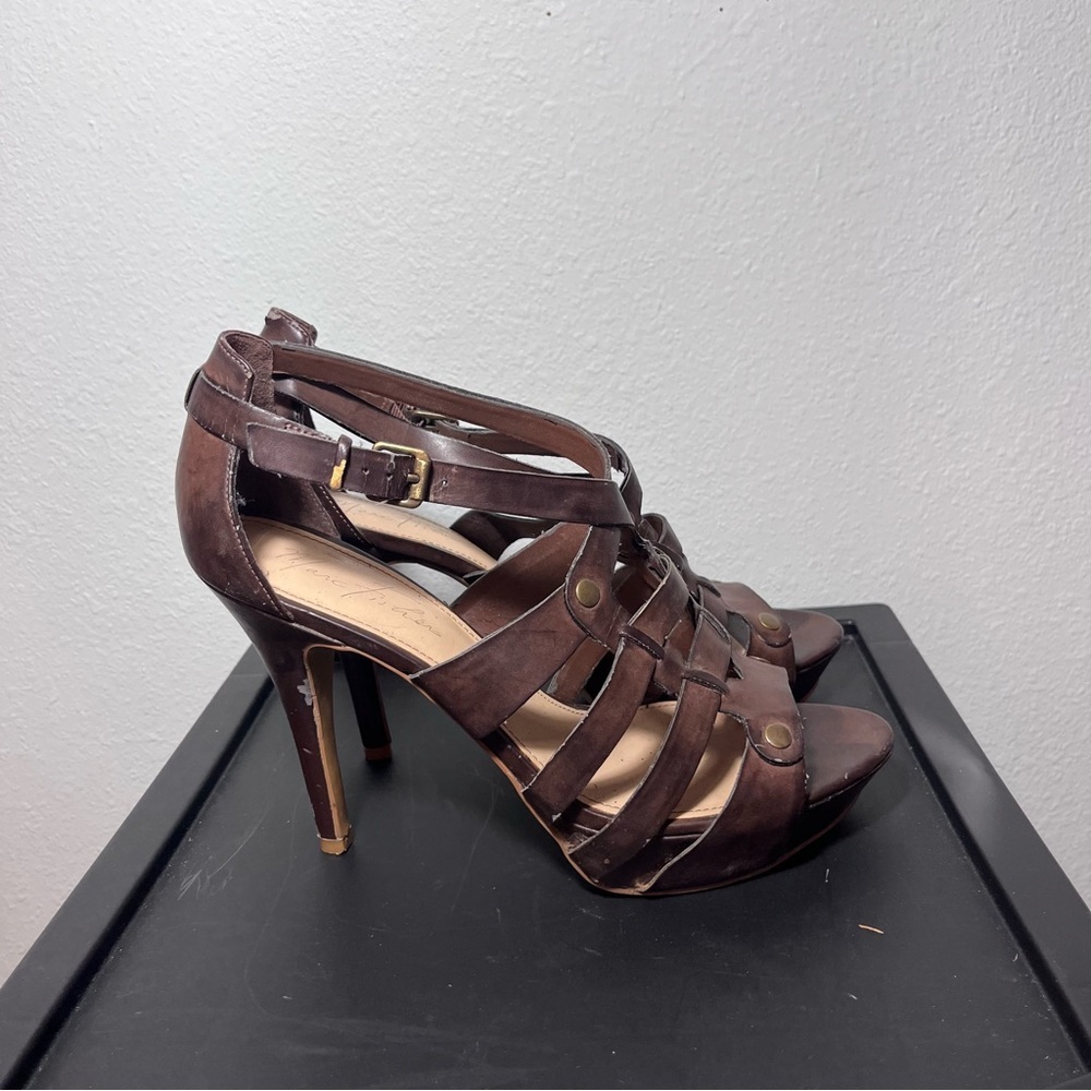 Marc Fisher Brown Leather Gladiator Platform Heels Straps Cage Sandals size 8.5 - Picture 10 of 13